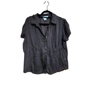 Allison Taylor Brown Short Sleeve Button Front Blouse Womens L 100% Polyester Li